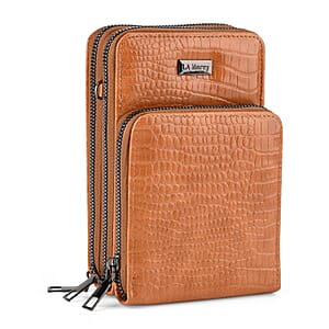 La Marey Coffee Faux Leather Crocodile Pattern Phone Bag with Woven Strap