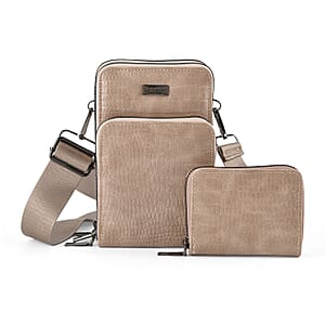 La Marey Gray Faux Leather Crocodile Pattern Phone Bag with Woven Strap