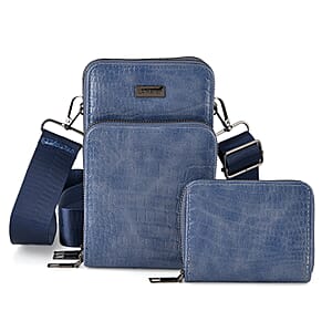 La Marey Blue Faux Leather Crocodile Pattern Phone Bag with Woven Strap
