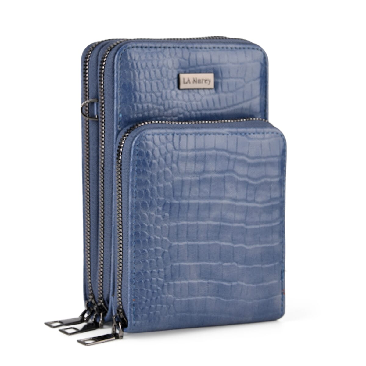 La Marey Blue Faux Leather Crocodile Pattern Phone Bag with Woven Strap image number 3