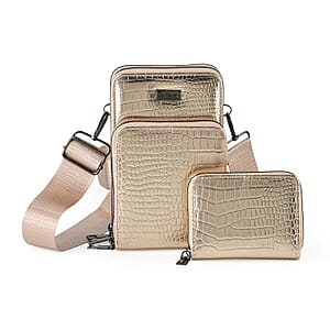 La Marey Gold Faux Leather Crocodile Pattern Phone Bag with Woven Strap