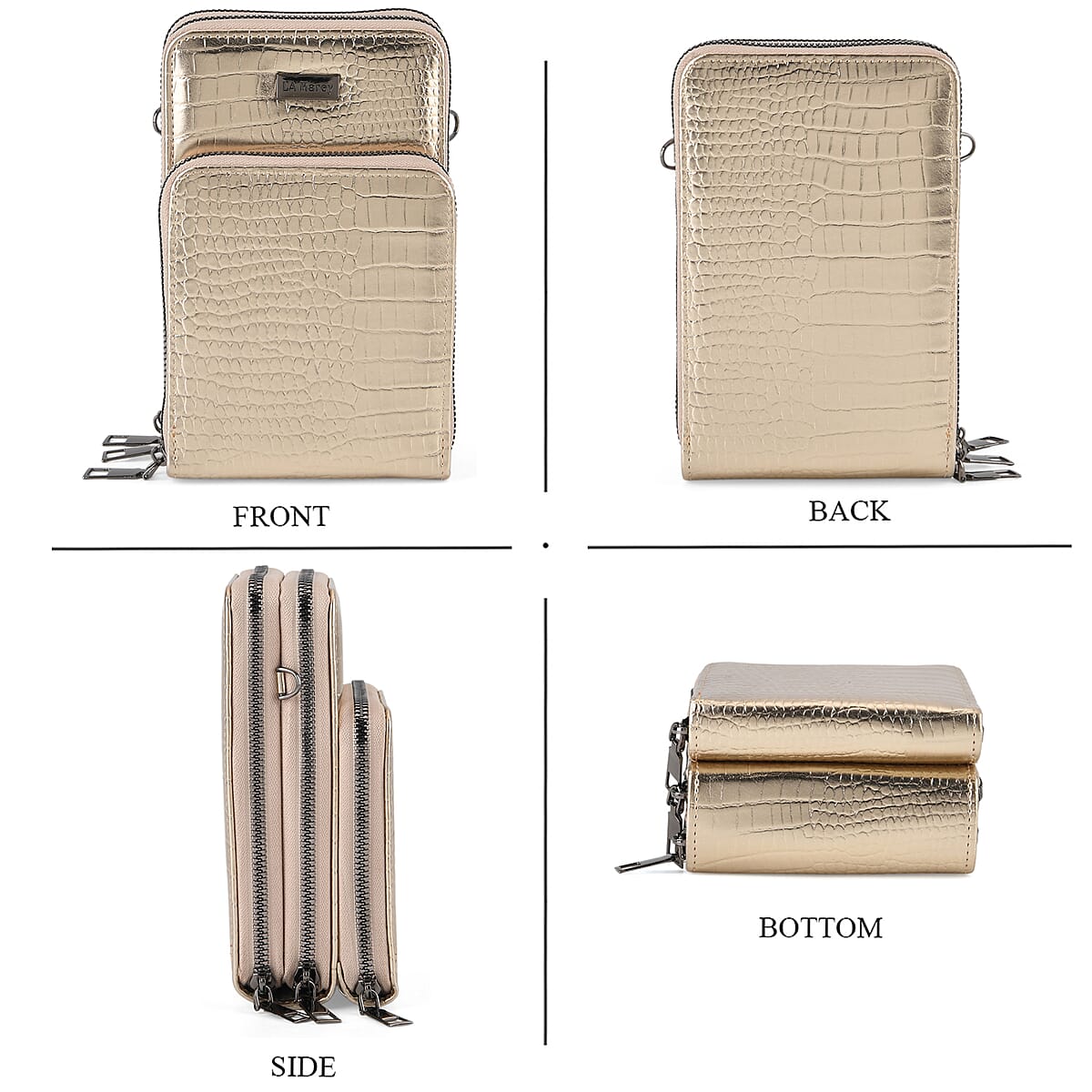 La Marey Gold Faux Leather Crocodile Pattern Phone Bag with Woven Strap image number 1