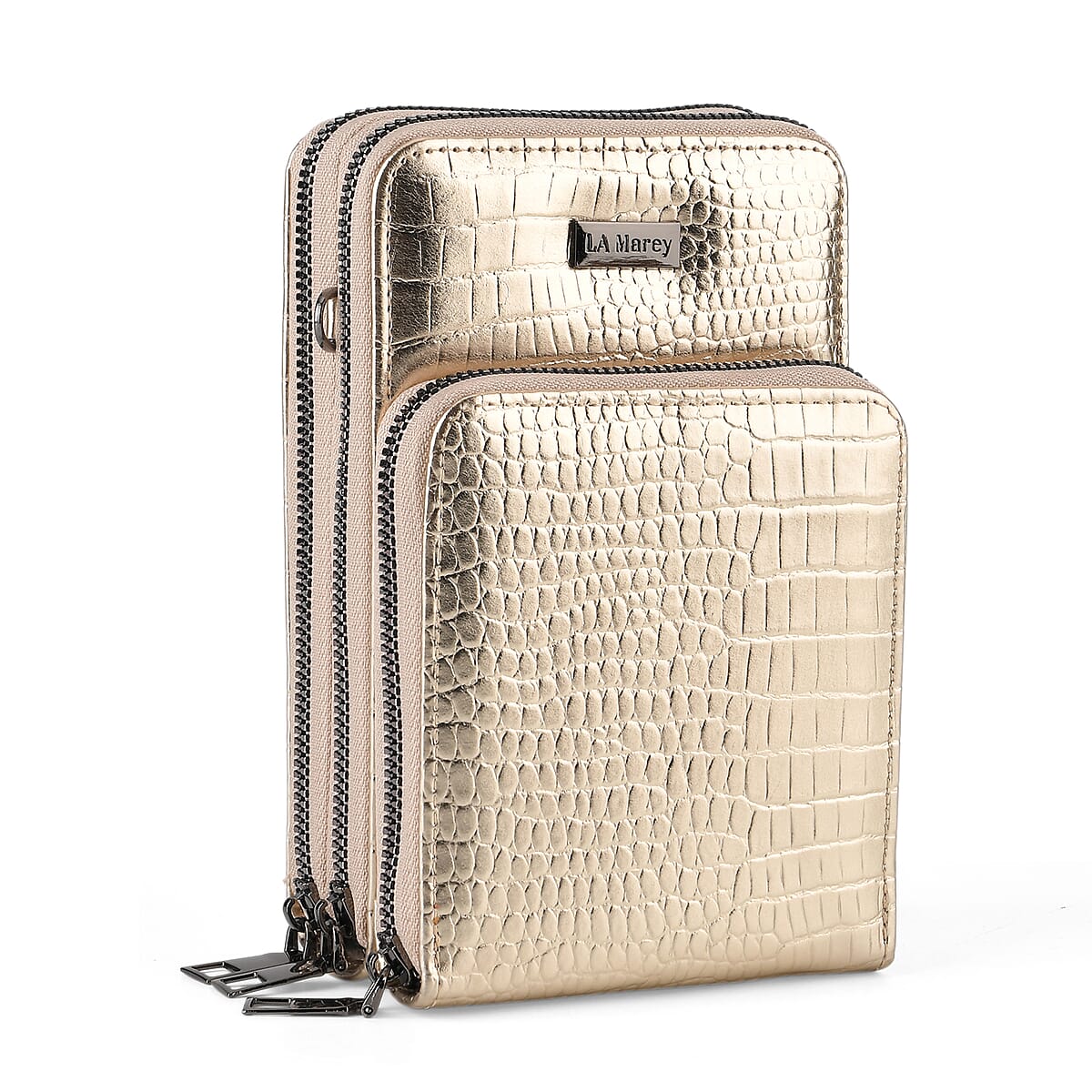 La Marey Gold Faux Leather Crocodile Pattern Phone Bag with Woven Strap image number 3