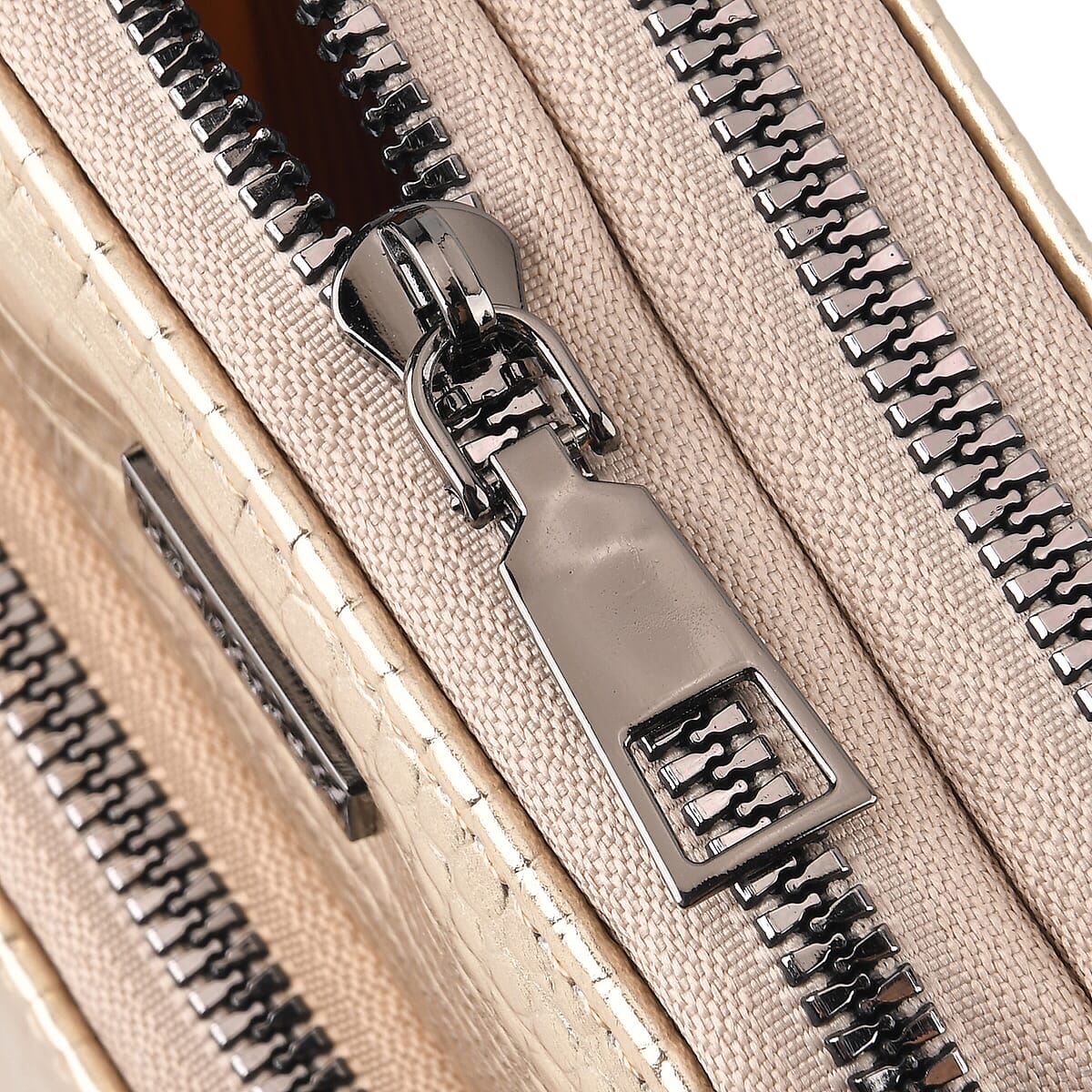 La Marey Gold Faux Leather Crocodile Pattern Phone Bag with Woven Strap image number 6