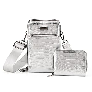 La Marey Silver Faux Leather Crocodile Pattern Phone Bag with Woven Strap