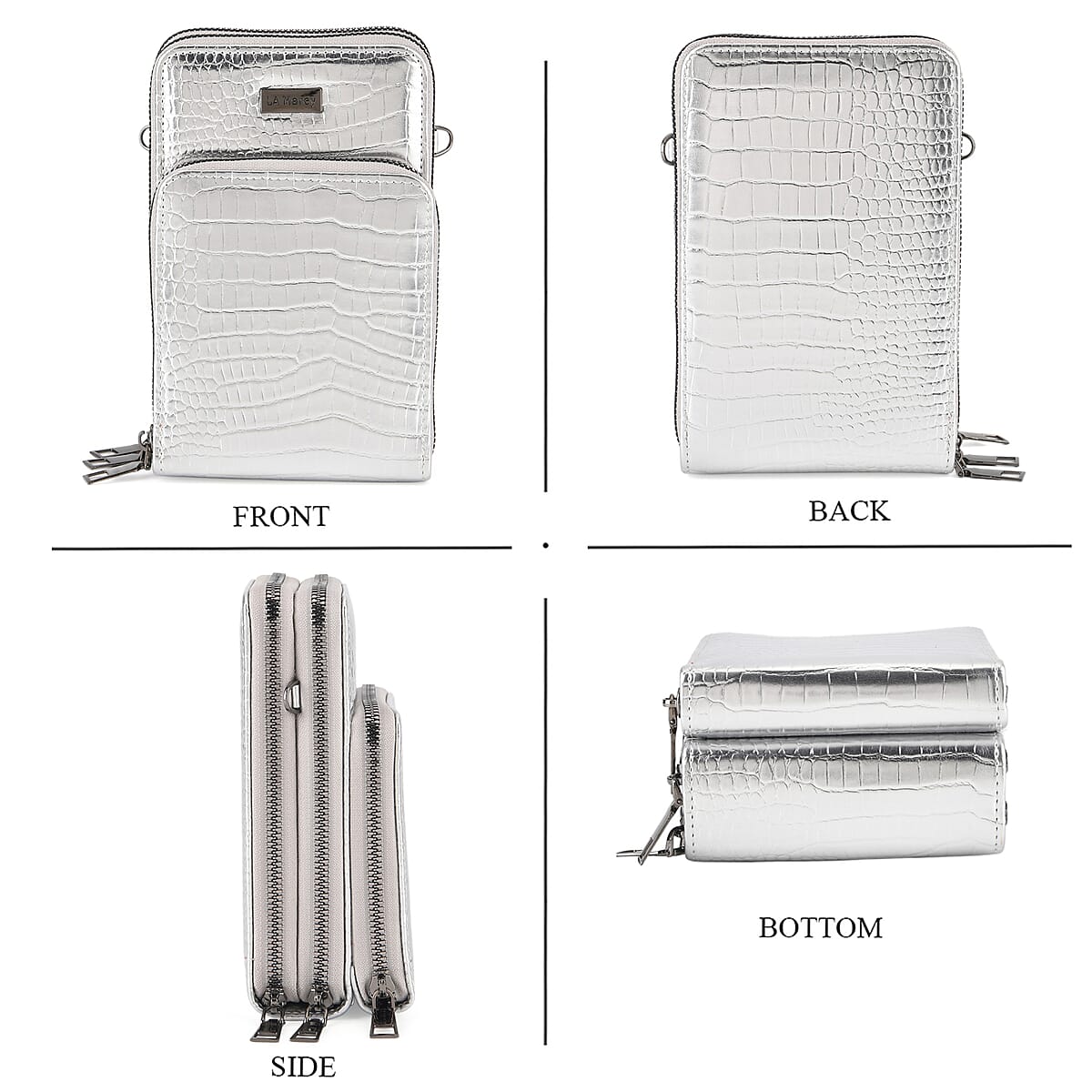 La Marey Silver Faux Leather Crocodile Pattern Phone Bag with Woven Strap image number 1