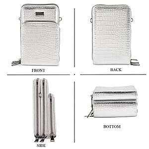 La Marey Silver Faux Leather Crocodile Pattern Phone Bag with Woven Strap