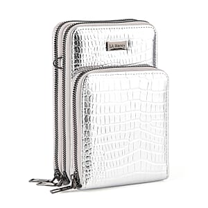 La Marey Silver Faux Leather Crocodile Pattern Phone Bag with Woven Strap