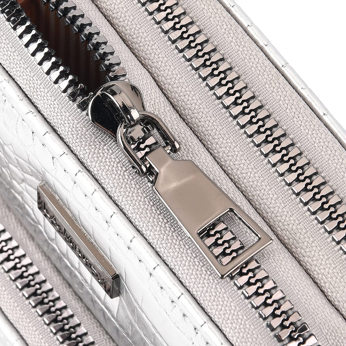 La Marey Silver Faux Leather Crocodile Pattern Phone Bag with Woven Strap image number 6