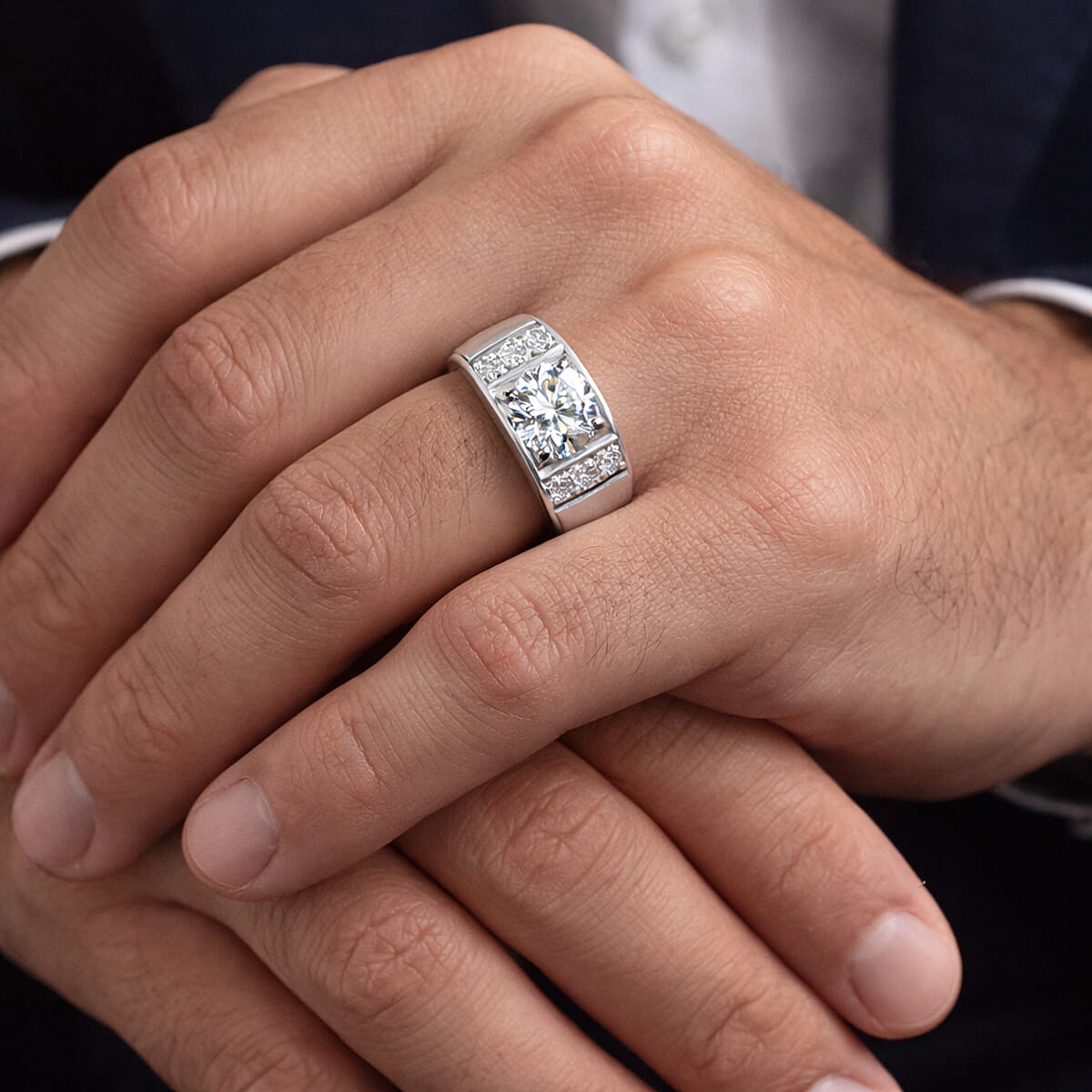 Luxuriant Lab Grown Diamond G-H SI 1.25 ctw Men's Ring in Rhodium Over Sterling Silver (Size 11.0) image number 2