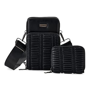 La Marey Sleek Black Pleated Faux Leather Square Bag with Card Bag