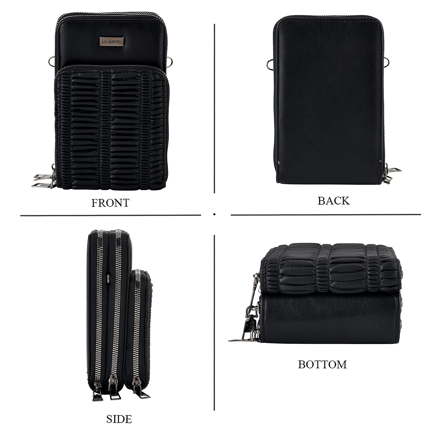 La Marey Sleek Black Pleated Faux Leather Square Bag with Card Bag