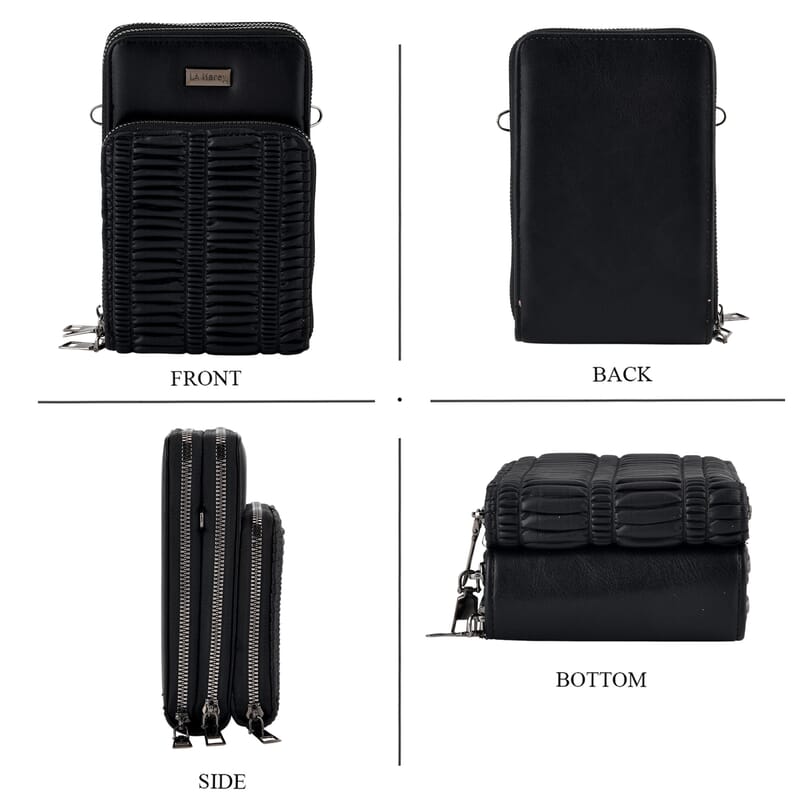 La Marey Sleek Black Pleated Faux Leather Square Bag with Card Bag