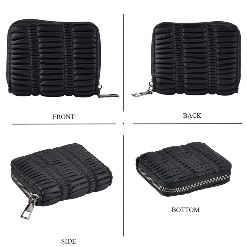 La Marey Sleek Black Pleated Faux Leather Square Bag with Card Bag