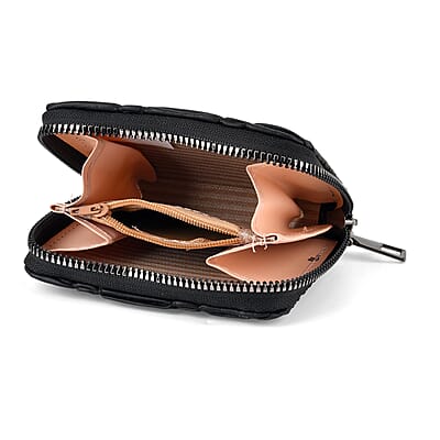 La Marey Sleek Black Pleated Faux Leather Square Bag with Card Bag
