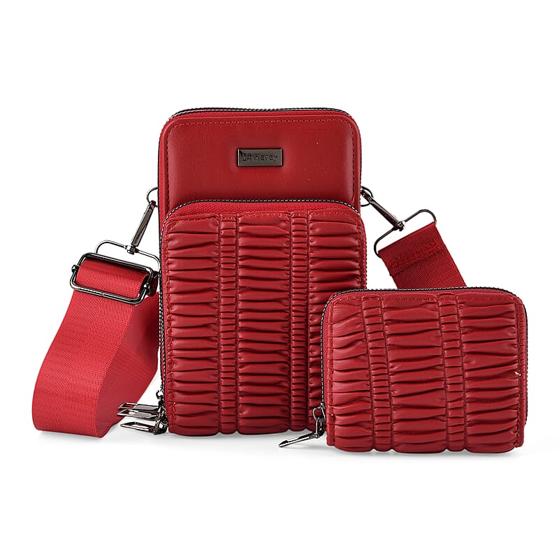 La Marey Bold Red Pleated Faux Leather Square Bag with Card Bag