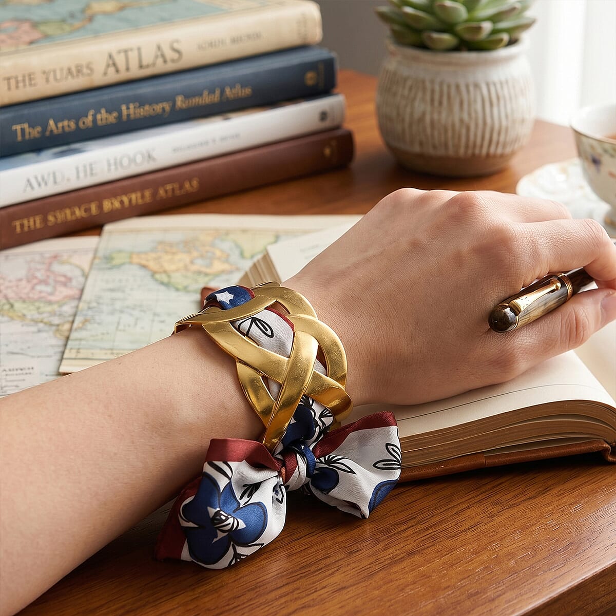 Silk Cord Woven Lattice Cuff Bracelet in ION Plated YG Stainless Steel (7.00 In) image number 2