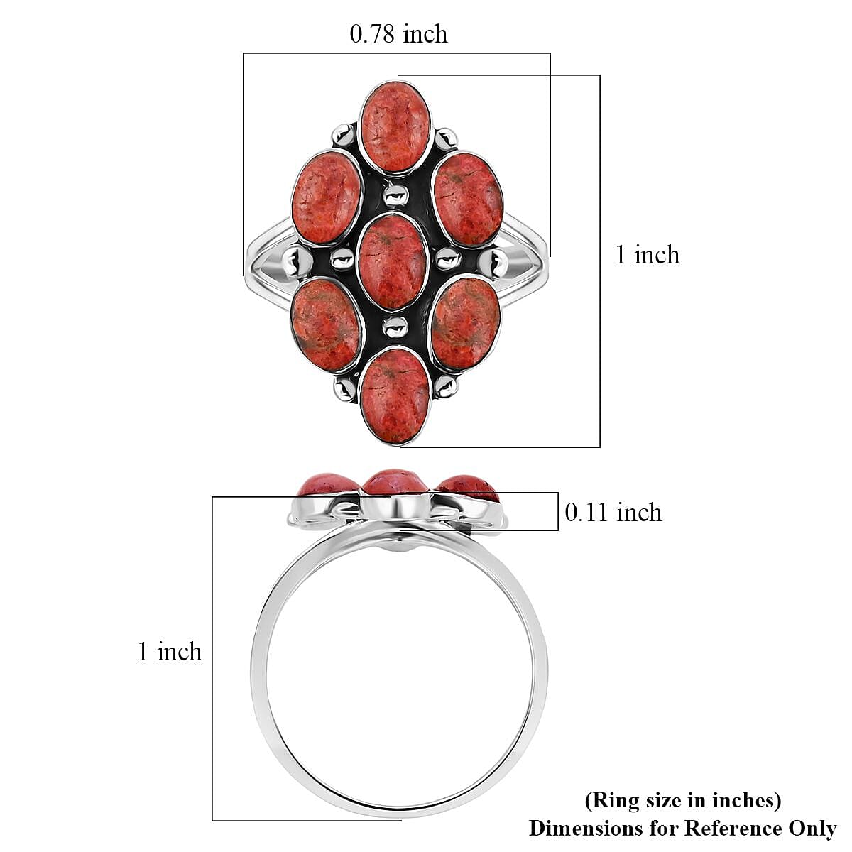Santa Fe Style Red Coral Ring in Sterling Silver (Size 7.0) 1.05 ctw image number 4
