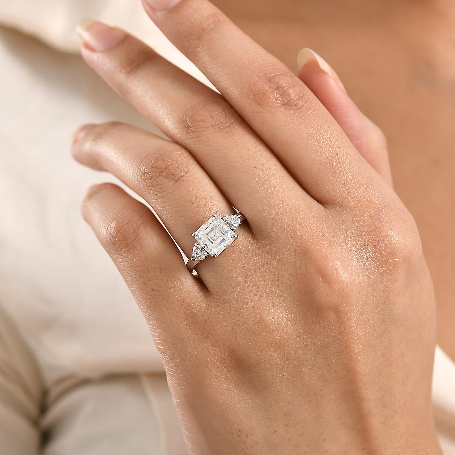 D'Joy Asscher Cut Moissanite 3.20 ctw Ring in Rhodium Over Sterling Silver (Size 10.0)