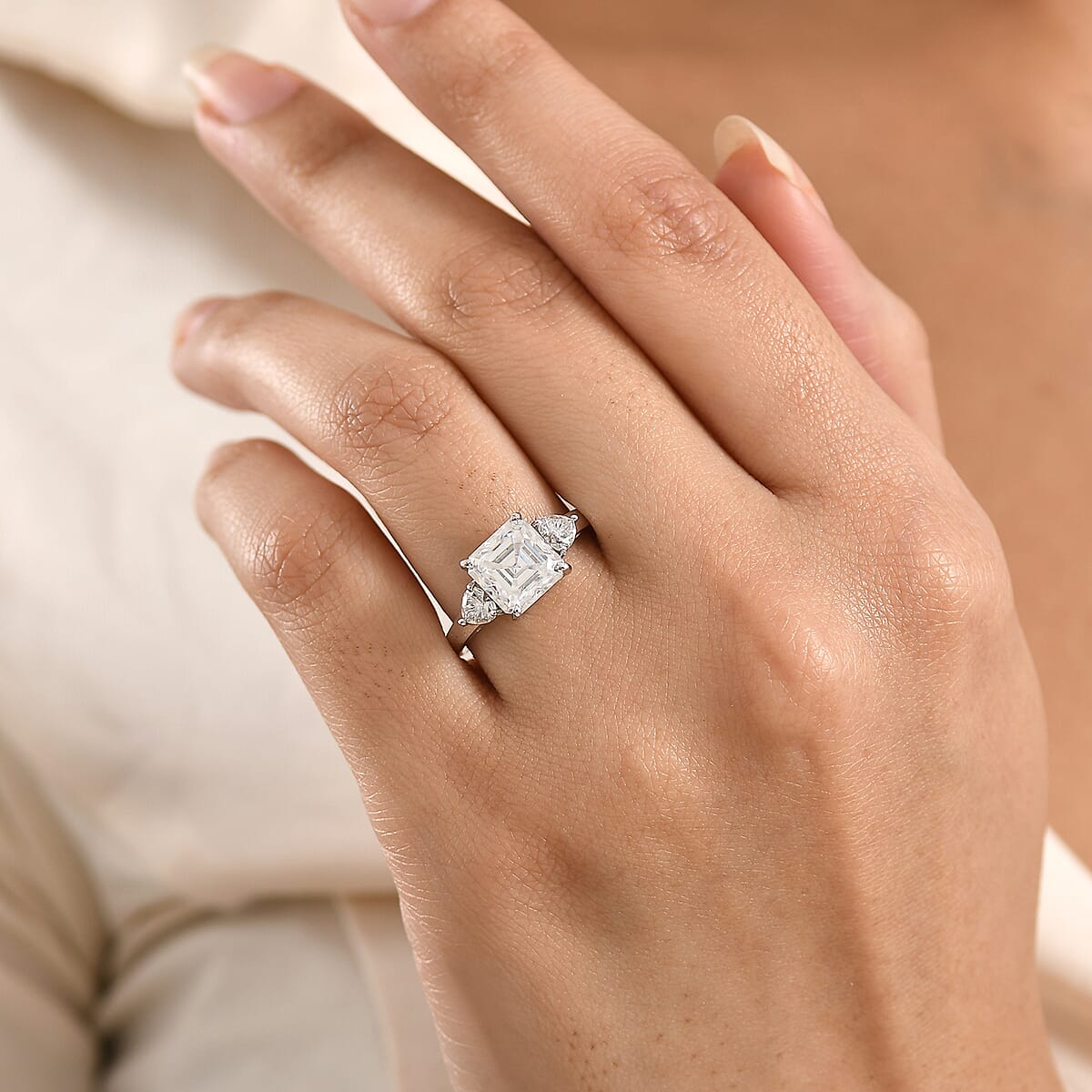 D'Joy Asscher Cut Moissanite 3.20 ctw Ring in Rhodium Over Sterling Silver (Size 9.0) image number 2