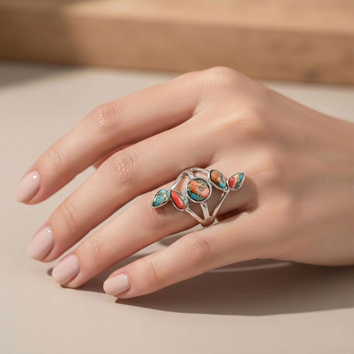 Spiny Turquoise Santa Fe Style Ring in Sterling Silver (Size 6.0) image number 2