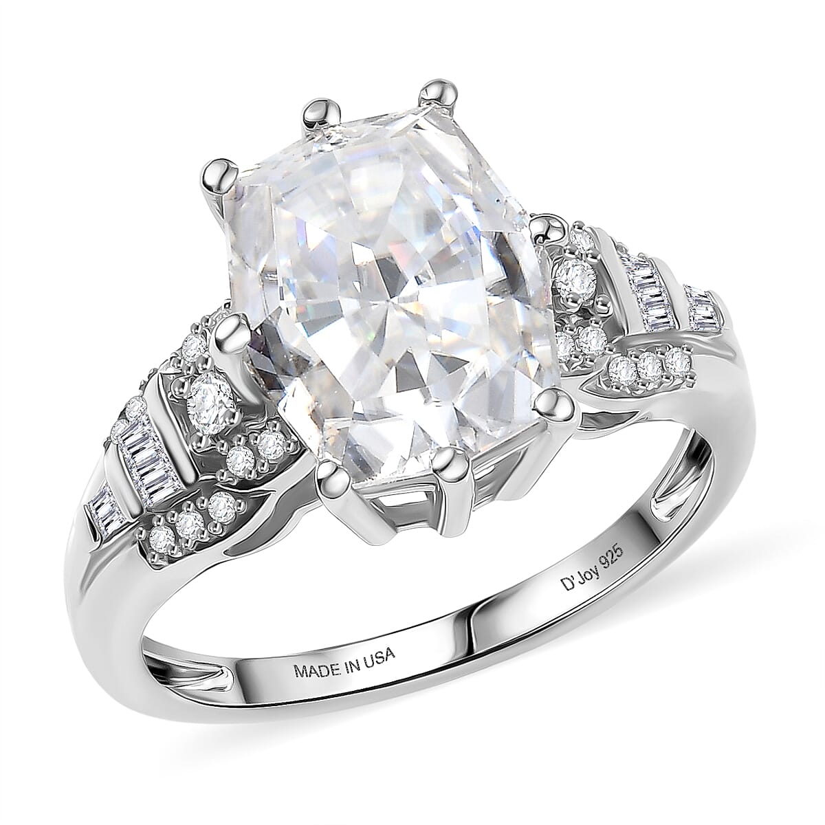 D'Joy Moissanite (Fancy 11x9mm) Ring in Rhodium Over Sterling Silver (Size 5.0) 4.60 ctw