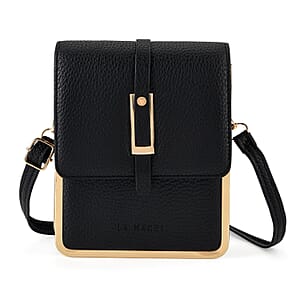 La Marey Black Lychee Pattern Faux Leather Crossbody Phone Bag with Shoulder Strap