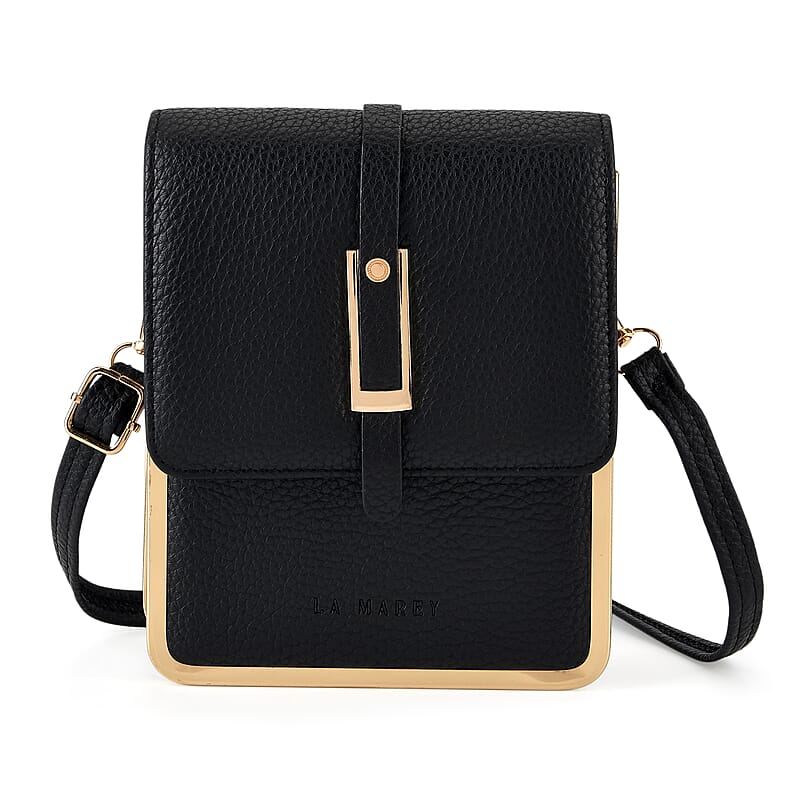 La Marey Black Lychee Pattern Faux Leather Crossbody Phone Bag with Shoulder Strap