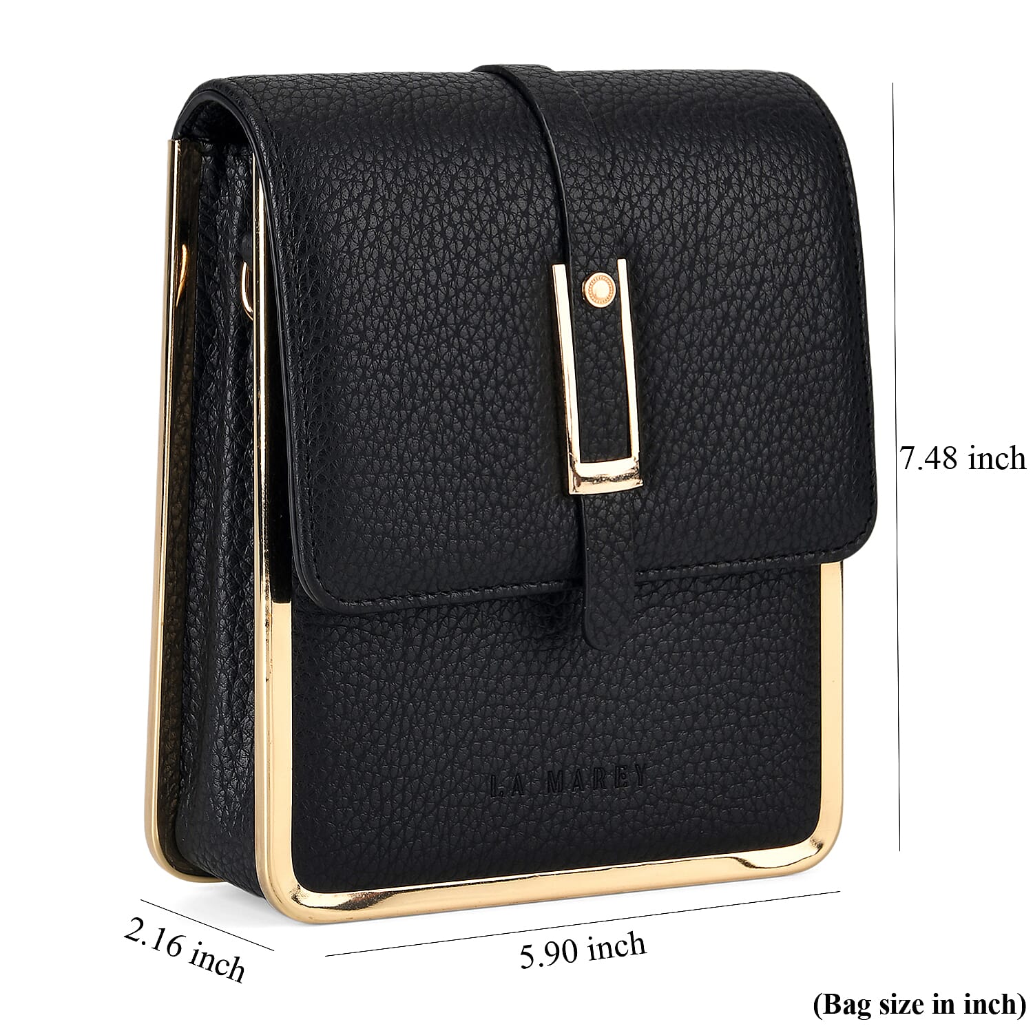 La Marey Black Lychee Pattern Faux Leather Crossbody Phone Bag with Shoulder Strap