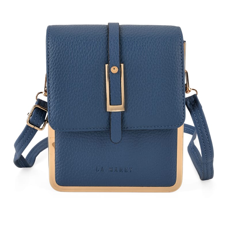 La Marey Blue Lychee Pattern Faux Leather Crossbody Phone Bag with Shoulder Strap
