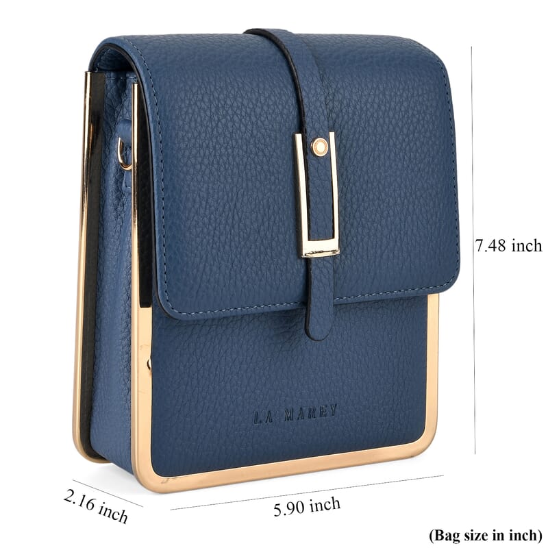 La Marey Blue Lychee Pattern Faux Leather Crossbody Phone Bag with Shoulder Strap
