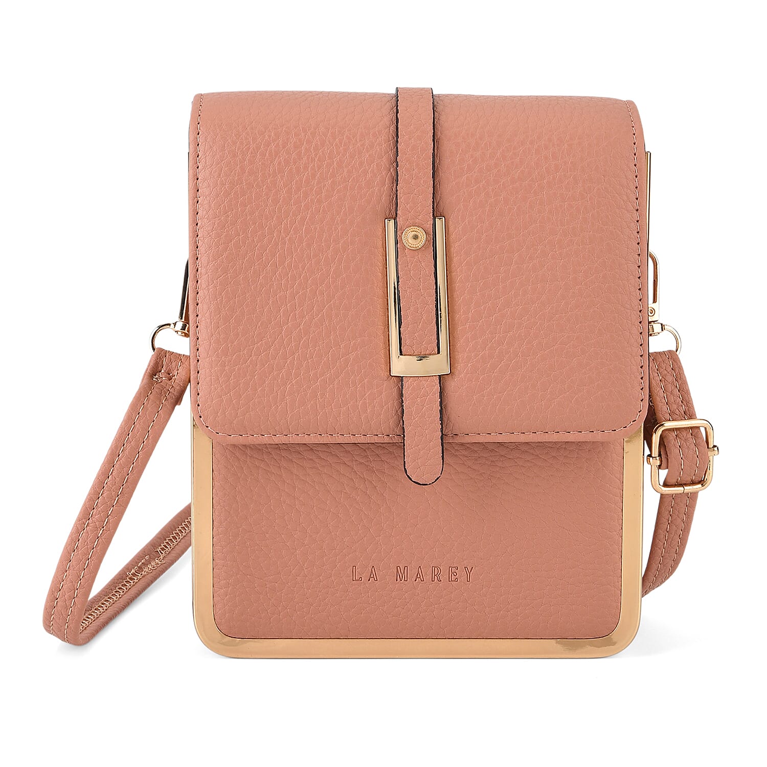 La Marey Pink Lychee Pattern Faux Leather Crossbody Phone Bag with Shoulder Strap