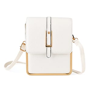 La Marey White Lychee Pattern Faux Leather Crossbody Phone Bag with Shoulder Strap