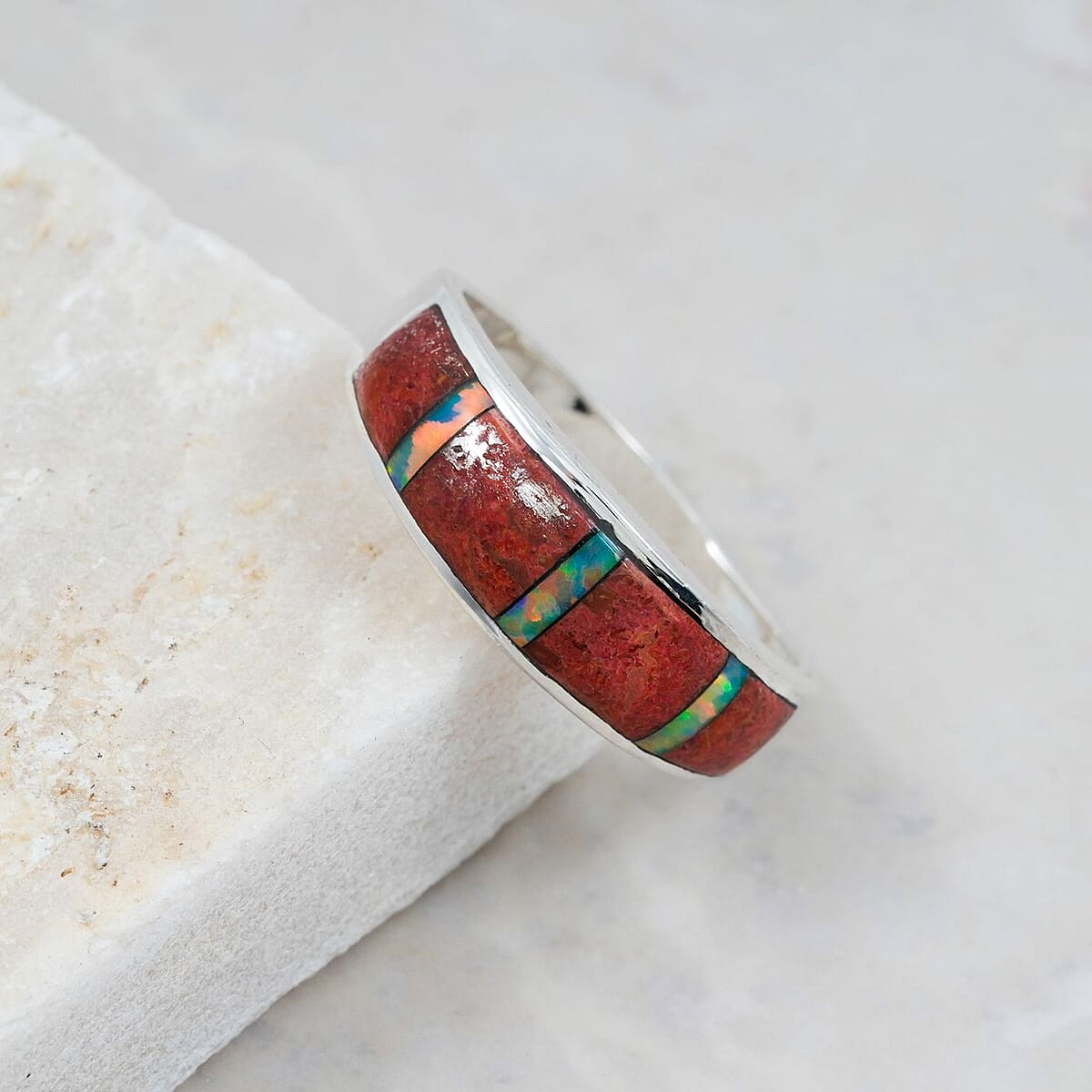 Santa Fe Style Red Coral and Abalone Shell  Ring in Sterling Silver (Size 10.0) 0.90 ctw image number 1