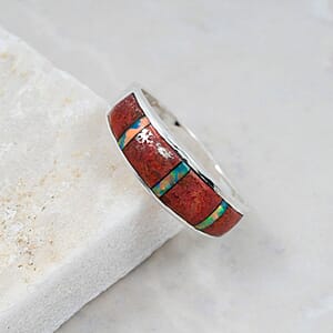 Santa Fe Style Red Coral and Abalone Shell  Ring in Sterling Silver (Size 10.0) 0.90 ctw