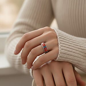 Santa Fe Style Red Coral and Abalone Shell  Ring in Sterling Silver (Size 10.0) 0.90 ctw