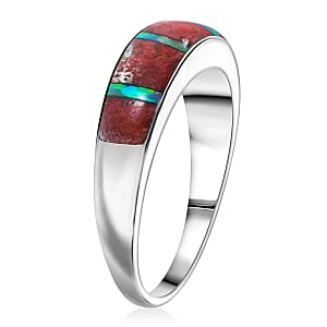 Santa Fe Style Red Coral and Abalone Shell  Ring in Sterling Silver (Size 10.0) 0.90 ctw