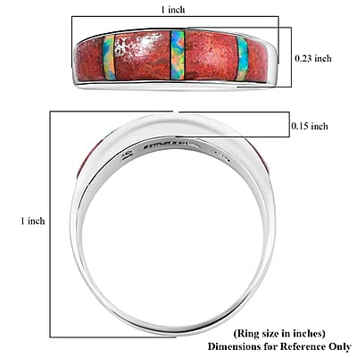 Santa Fe Style Red Coral and Abalone Shell  Ring in Sterling Silver (Size 10.0) 0.90 ctw