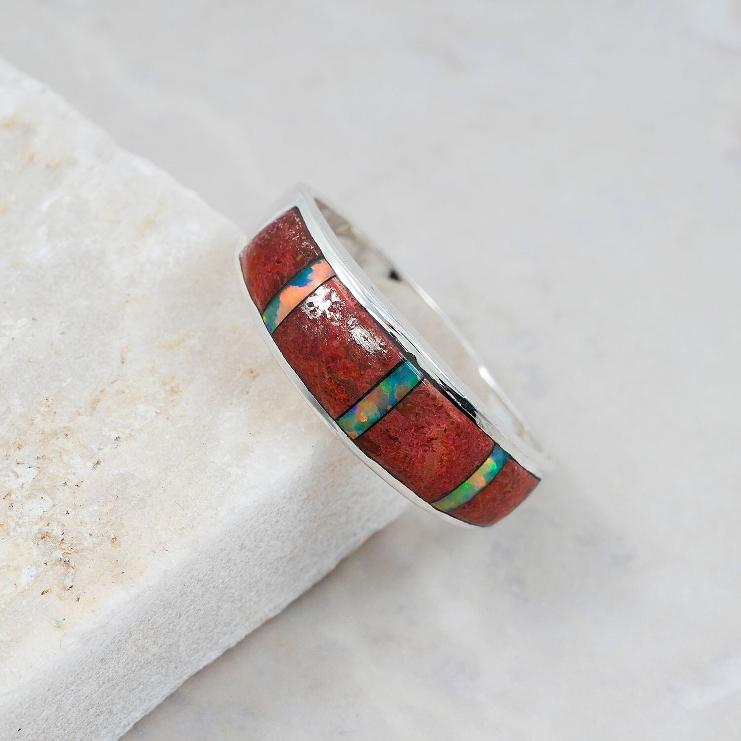 Santa Fe Style Red Coral and Abalone Shell  Ring in Sterling Silver (Size 6.0) 0.90 ctw