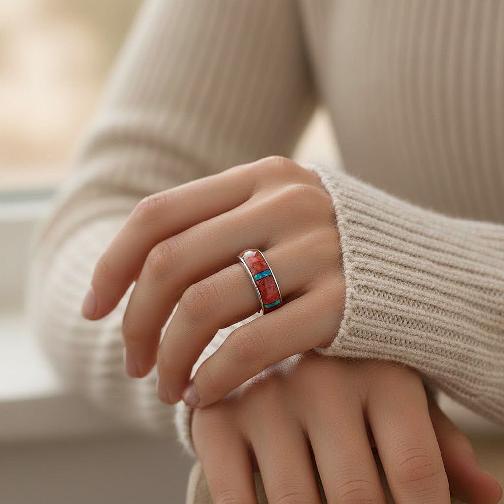 Santa Fe Style Red Coral and Abalone Shell  Ring in Sterling Silver (Size 6.0) 0.90 ctw