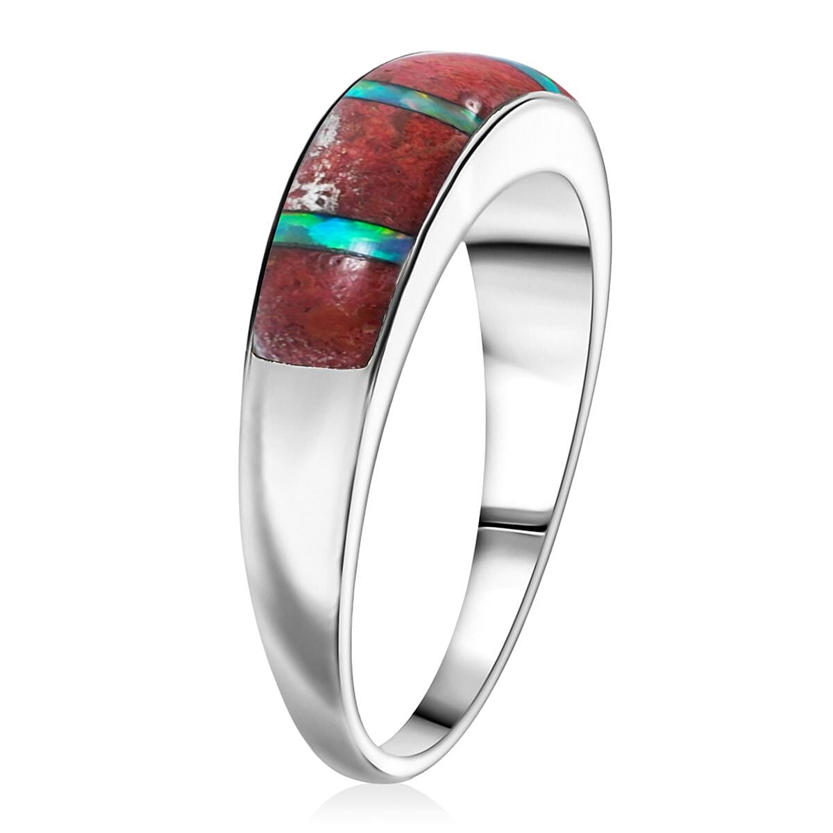 Santa Fe Style Red Coral and Abalone Shell  Ring in Sterling Silver (Size 6.0) 0.90 ctw