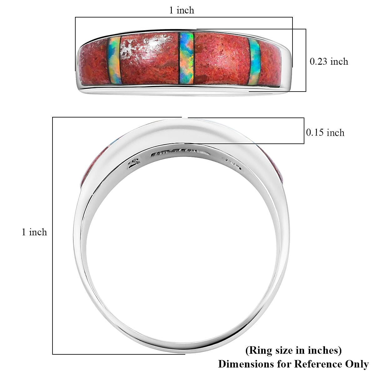 Santa Fe Style Red Coral and Abalone Shell  Ring in Sterling Silver (Size 6.0) 0.90 ctw