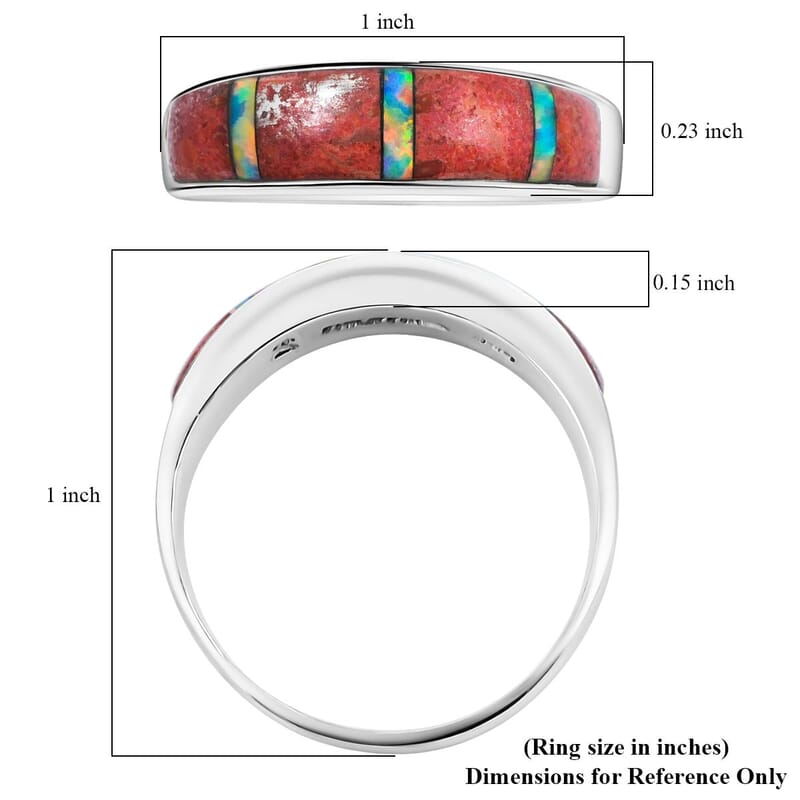 Santa Fe Style Red Coral and Abalone Shell  Ring in Sterling Silver (Size 6.0) 0.90 ctw