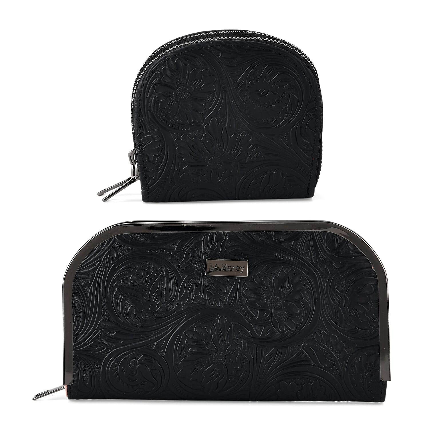 La Marey Black Faux Leather Metal-edged Wallet and 2 Zippers Card Bag