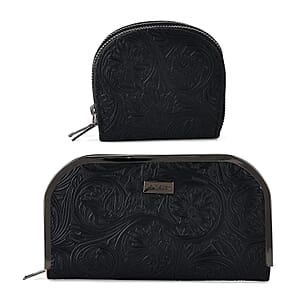 La Marey Black Faux Leather Metal-edged Wallet and 2 Zippers Card Bag