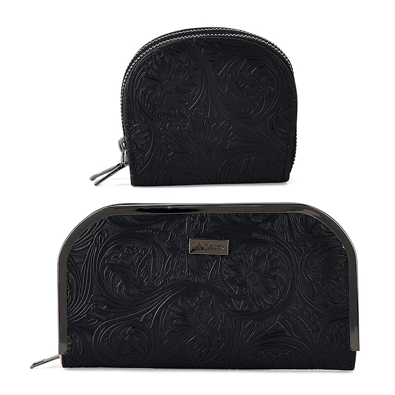 La Marey Black Faux Leather Metal-edged Wallet and 2 Zippers Card Bag