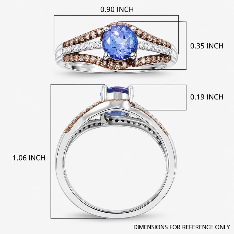 Tanzanite, Natural Champagne and White Diamond Ring in 14K White Gold 1.00 ctw (Size 10.0)