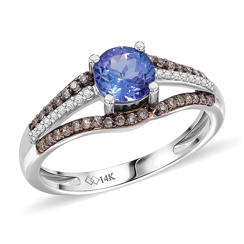 Tanzanite, Natural Champagne and White Diamond Ring in 14K White Gold 1.00 ctw (Size 12.0)