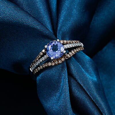 Tanzanite, Natural Champagne and White Diamond Ring in 14K White Gold 1.00 ctw (Size 12.0)