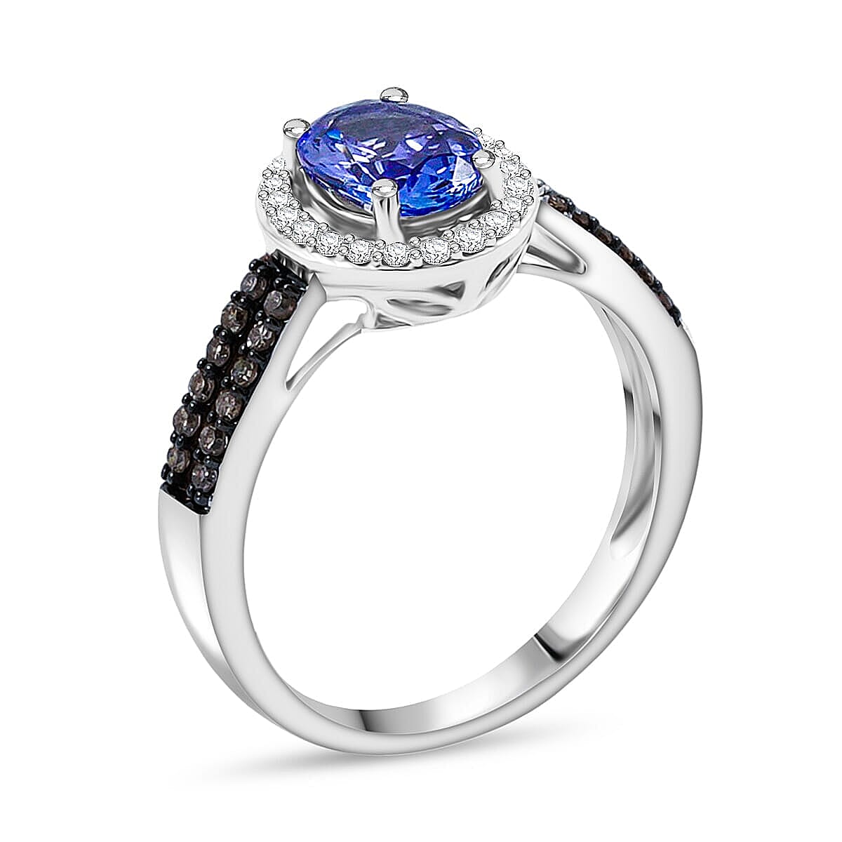 Tanzanite, Natural Champagne and White Diamond Ring in 14K White Gold 1.30 ctw (Size 10.5) image number 3